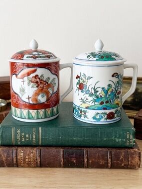 Vintage Lidded Japanese Porcelain Teacups Hand Painted Trifles Hong Kong 16 oz.